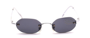 Rimless silver sunglasses with gray discs and slightly flared temples