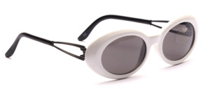 Oval white sunglasses with metal handles in antique silver