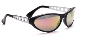 Sporty black sunglasses with perforated metal arms in silver
