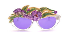 Beautiful, handmade fantasy sunglasses lavishly decorated with many brown and white rhinestones that match the violet / green floral decor perfectly