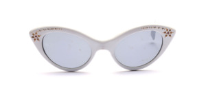 Pretty white plastic sunglasses in the style of the 50s with golden street decor on the sides