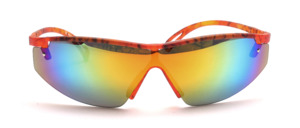 Feather-light rimless sports sunglasses with a brown-orange patterned top rim and gray colorful mirrored lenses