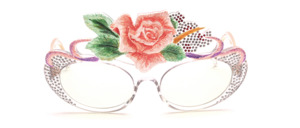 Beautiful handmade artist glasses with a blooming rose, light purple <br />
framed and with red and white rhinestones on the sides