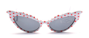 80s cat eye sunglasses in the style of the 50s in white with red polka dots