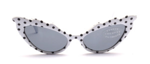 80s cat eye sunglasses in the style of the 50s in white with black polka dots