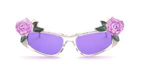 Dream glasses from the rose garden with two purple flowers in green leaves <br />
and framed with rhinestones