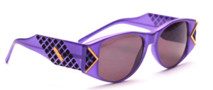 Purple sunglasses from the 80s with wide temples and decor in gold and black