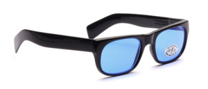 Black retro 60s sunglasses with wide temples and dark blue lenses