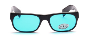 Black retro 60s sunglasses with wide temples and turquoise lenses