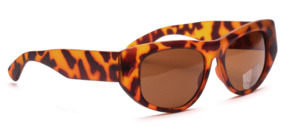Wide-edged cat eye sunglasses in matt tortoiseshell pattern with brown lenses