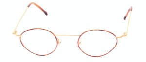 Small, oval metal eyeglasses with wider sides in matte gold with brown