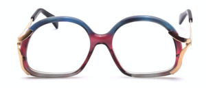 Damenbrille aus den 70er Jahren in Blau-Rot-Grau Verlauf mit goldenen Metallbügeln