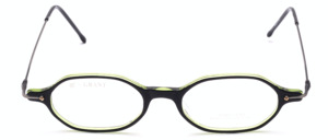 Schwarze Acetatbrille mit translucent grüner Rückseite und Metallbügeln in Antiksilber