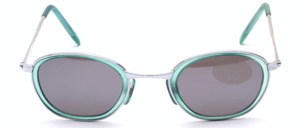 Silver sunglasses with green inlay and green arm ends