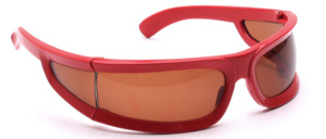 Cool red space sunglasses with brown lenses and broad arms