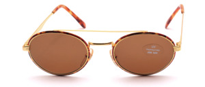 Metal sunglasses, oval, in gold with brown patterned rim and brown lenses