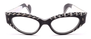 Vintage 1950s butterfly cat-eye glasses in gray acetate with an attractive white pattern and wide temples adorned with two star-shaped rivets