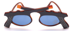 Unique vintage sunglasses made of Havana brown acetate with a matte grey finish, featuring a crossed-pistol design and elegant rhinestone detailing at the temple hinges